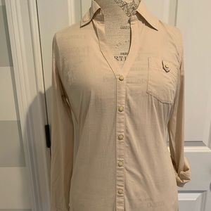 Tan Guess Button Down Blouse with Back Tie Cinch